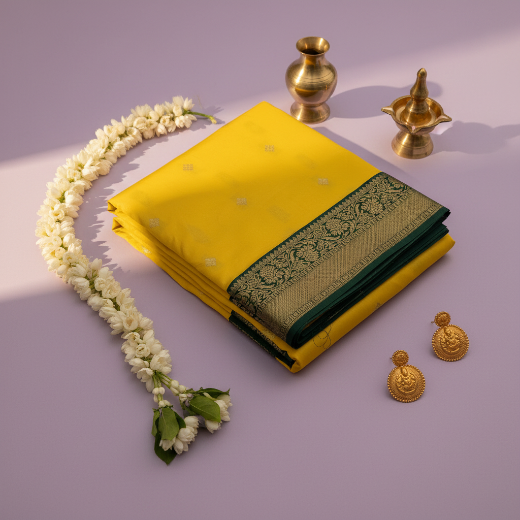 kuberan pure Silk 9 Yards Saree - Sunshine Yellow with Green Zari Border