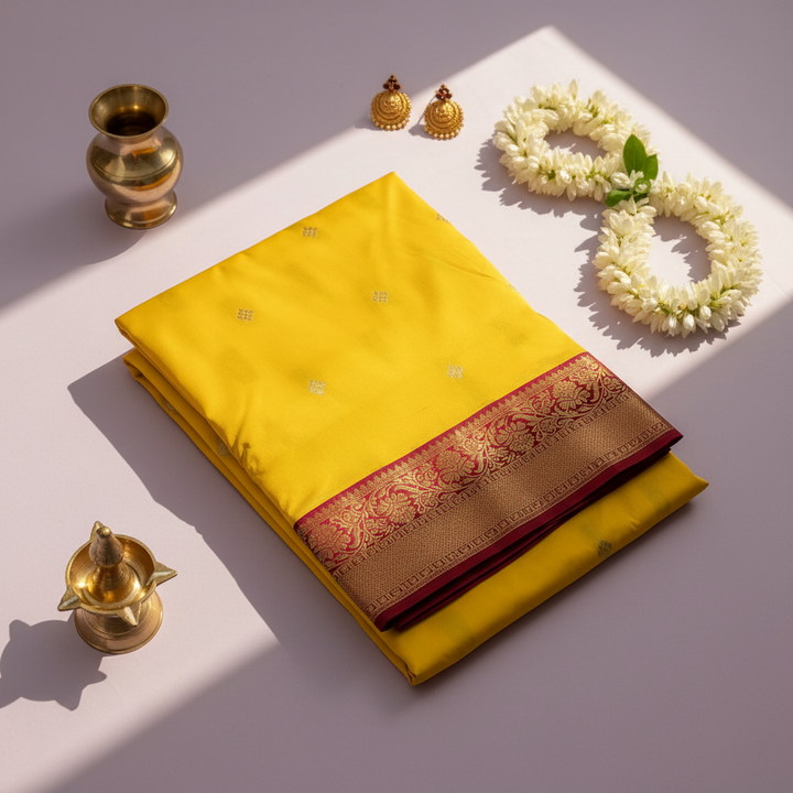 kuberan pure Silk 9 Yards Saree - Sunshine Yellow with Maroon Zari Border