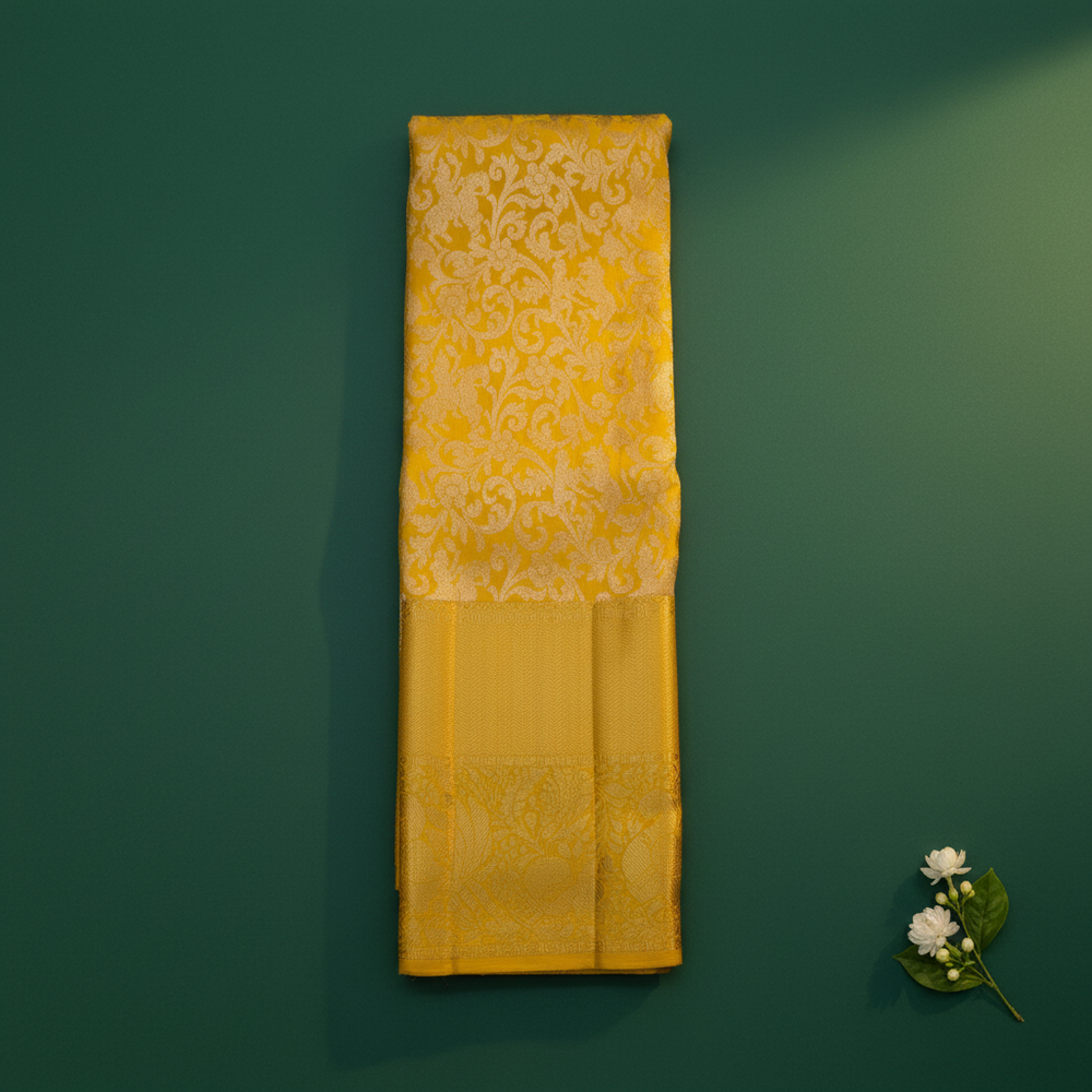 Yellow Kanchipuram silk saree minimal flat lay with jasmine flowers