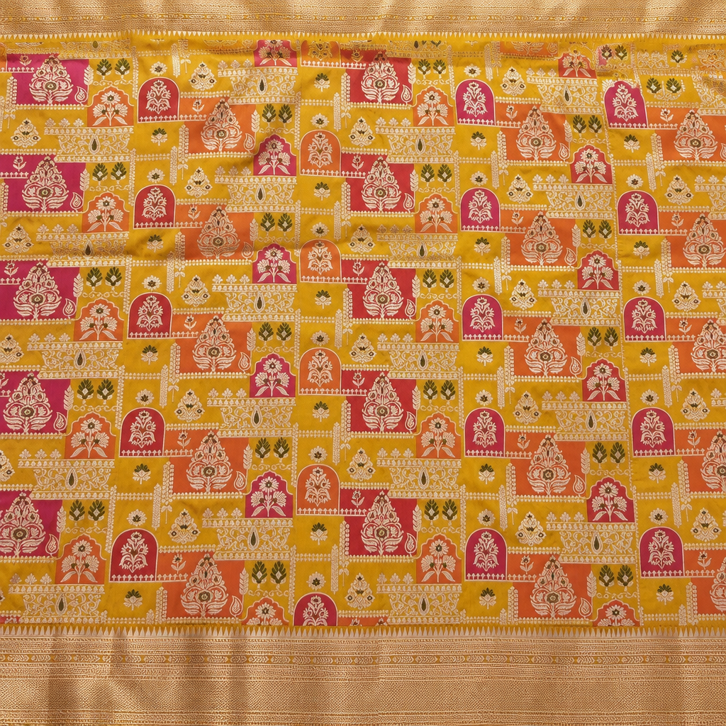 Yellow saree motif close-up preview