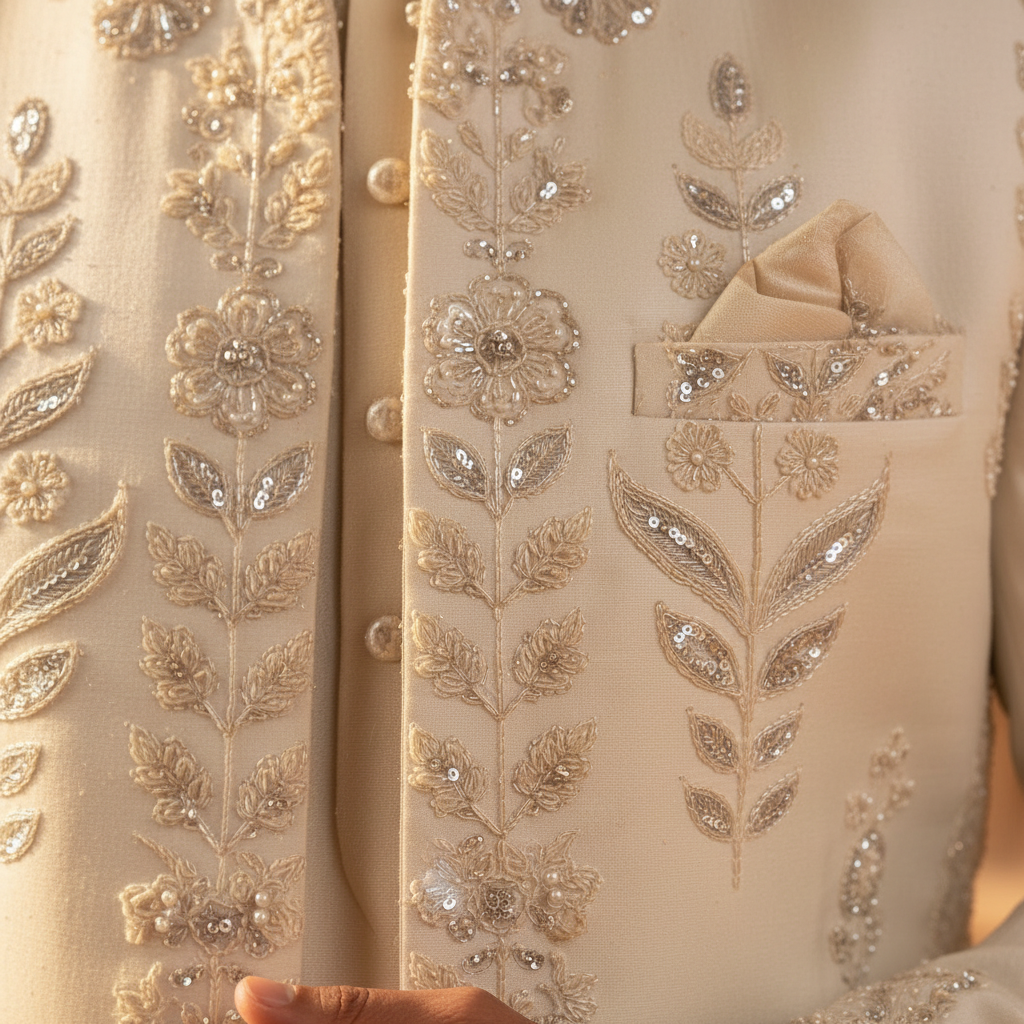 Kuberan Cream indo Western Sherwani Zardozi Embroidered Jacket