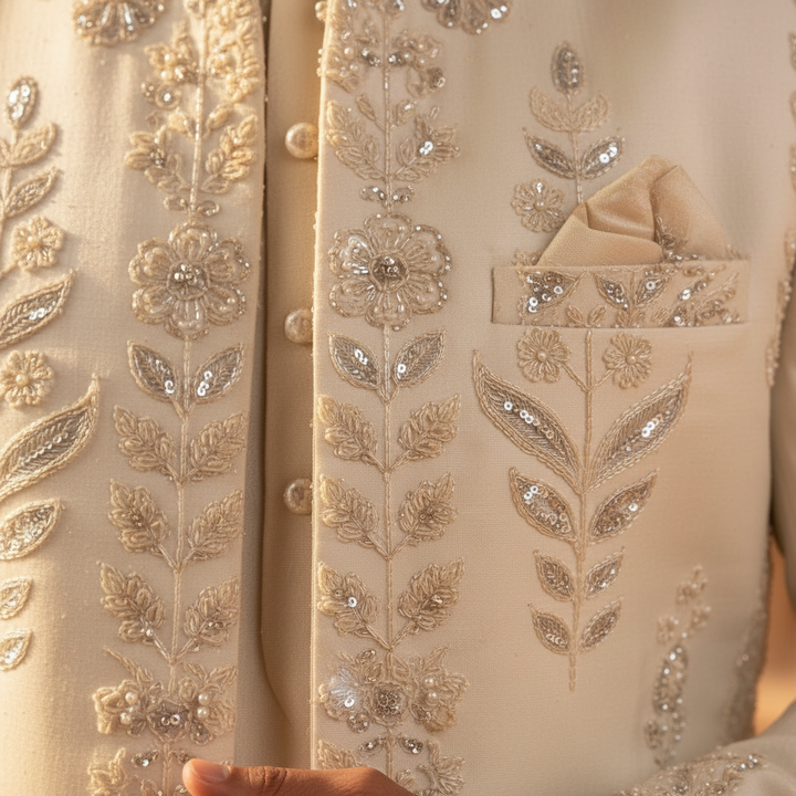 Kuberan Cream indo Western Sherwani Zardozi Embroidered Jacket