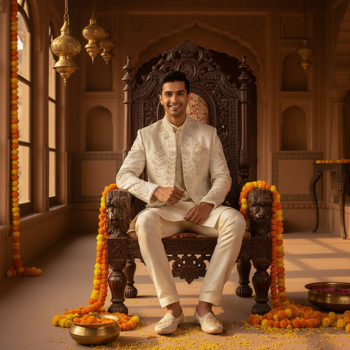 Kuberan Cream indo Western Sherwani Zardozi Embroidered Jacket