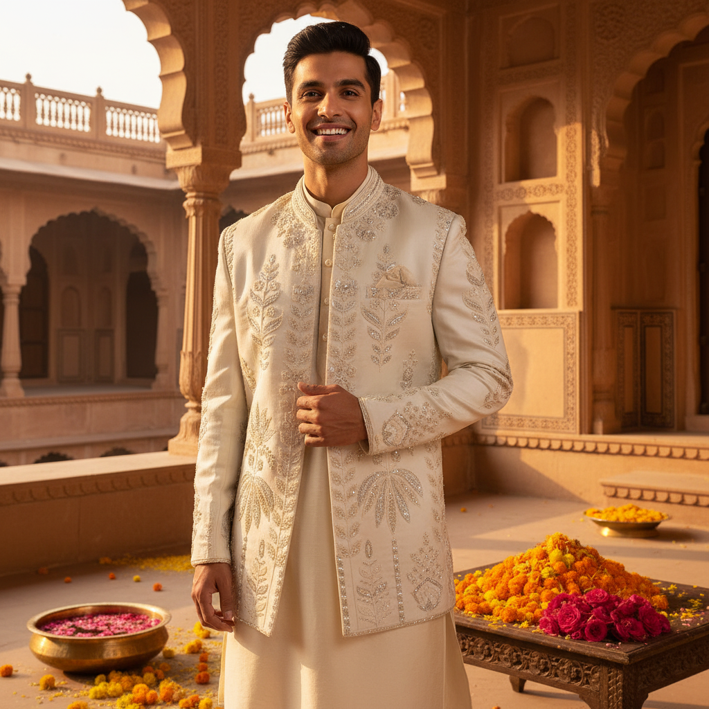 Kuberan Cream indo Western Sherwani Zardozi Embroidered Jacket