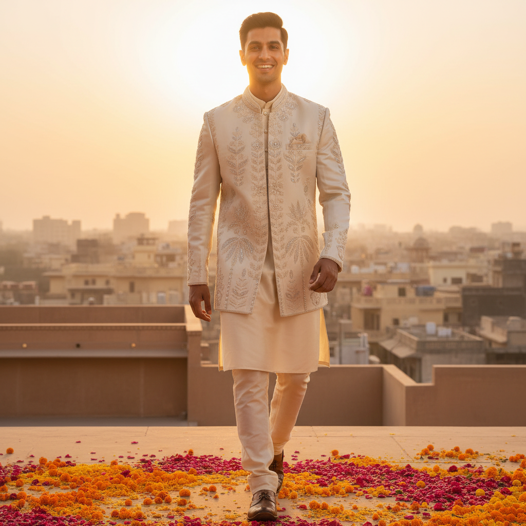 Kuberan Cream indo Western Sherwani Zardozi Embroidered Jacket