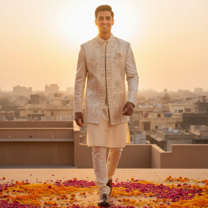 Kuberan Cream indo Western Sherwani Zardozi Embroidered Jacket