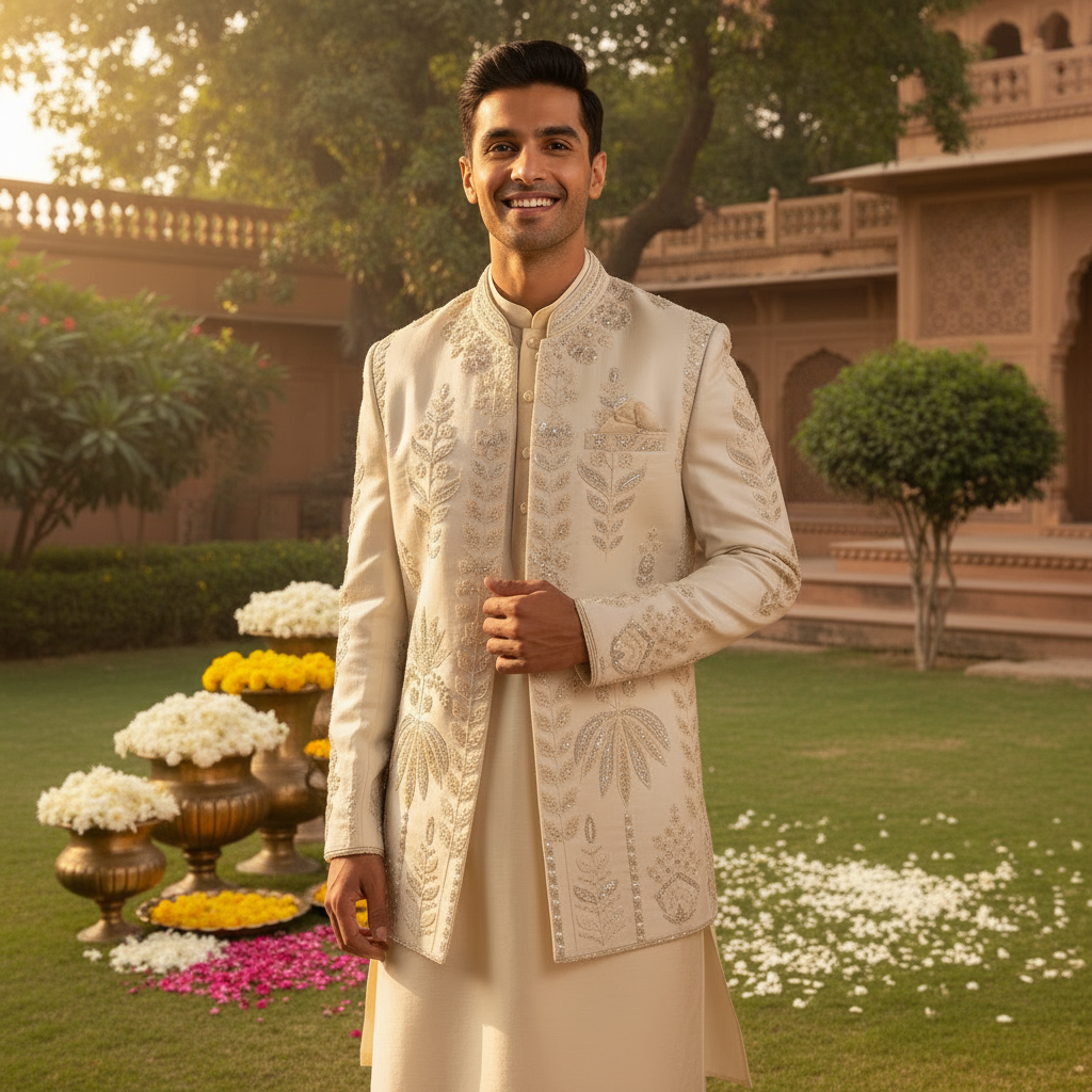 Kuberan Cream indo Western Sherwani Zardozi Embroidered Jacket