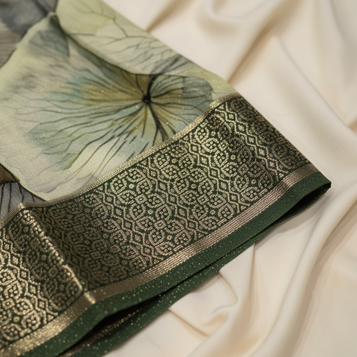 KUBERAN PALE GREEN CHIFFON PRINTED SAREE