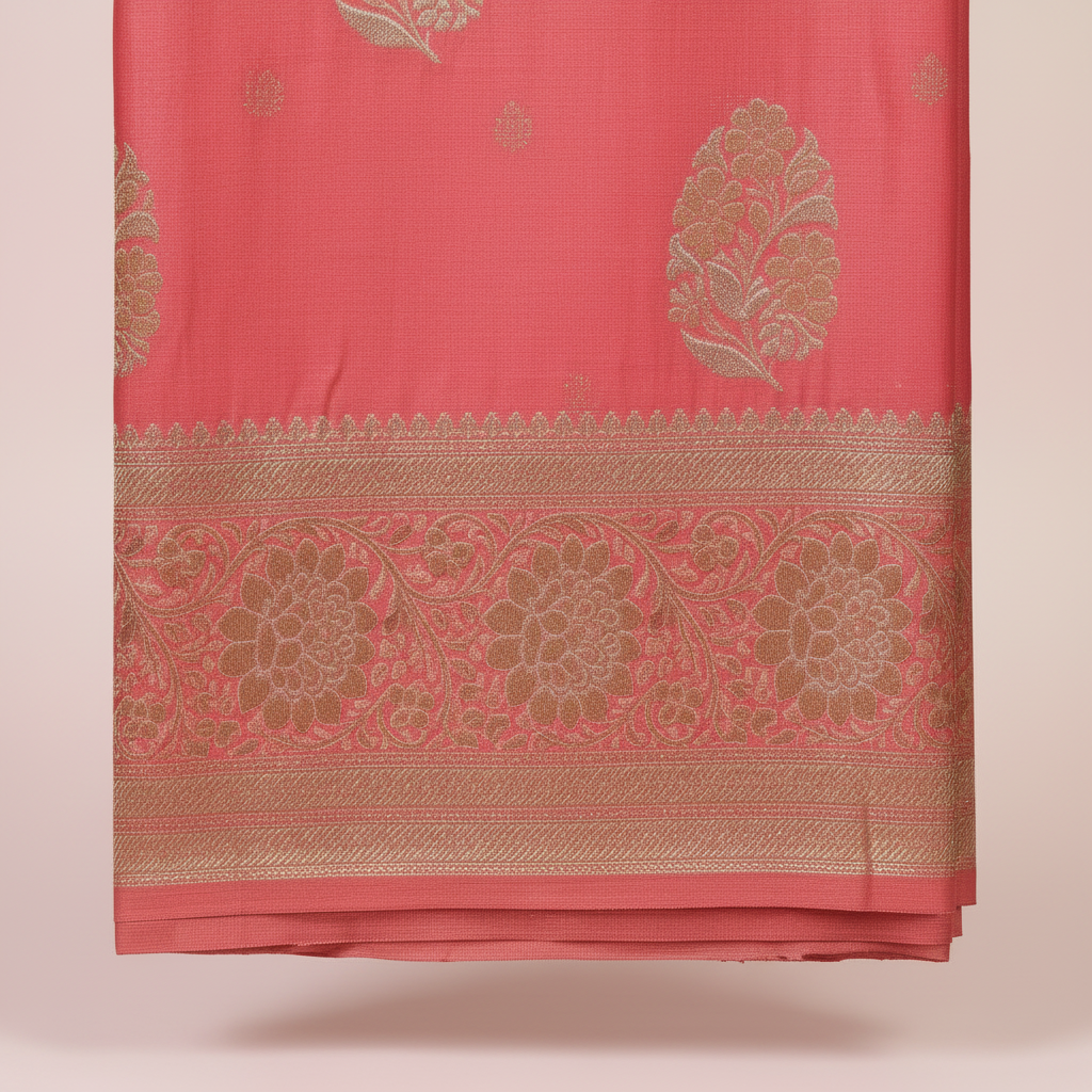 KUBERAN PEACH GEORGETTE SEMI BANARASI SILK SAREE