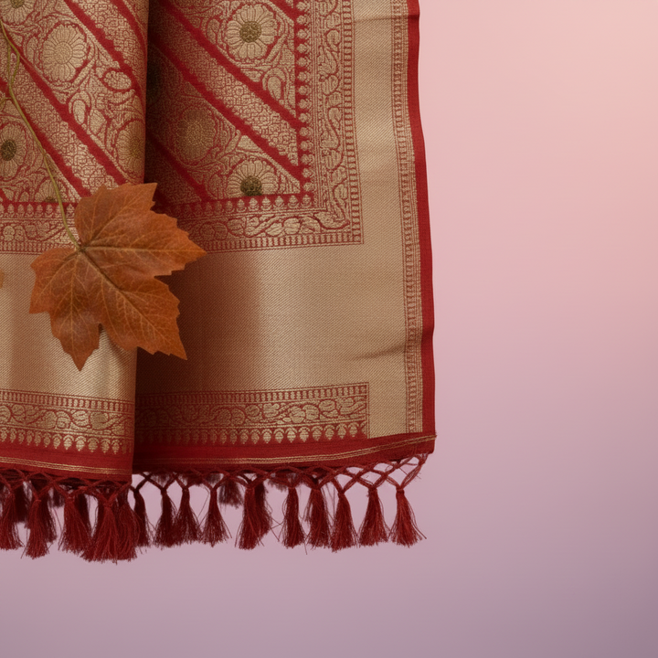 Kuberan Deep Red Pure Banarasi Silk Ponnadai with Gold Zari