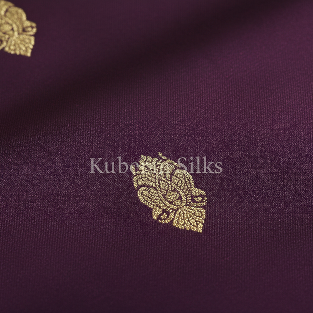 Kuberan Wine Kanchipuram Silk Saree with Gold Zari Border