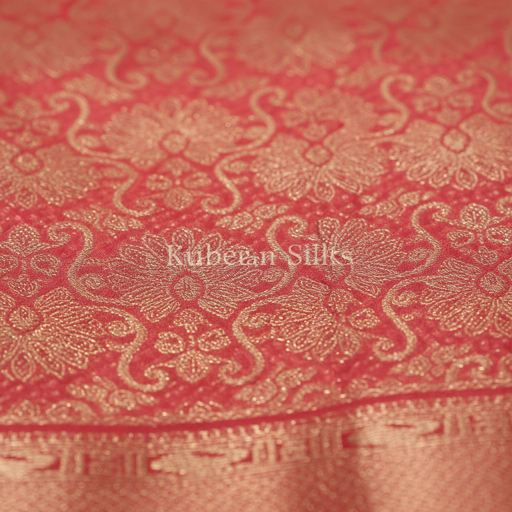 Kuberan Coral Red Kanchipuram Silk Saree