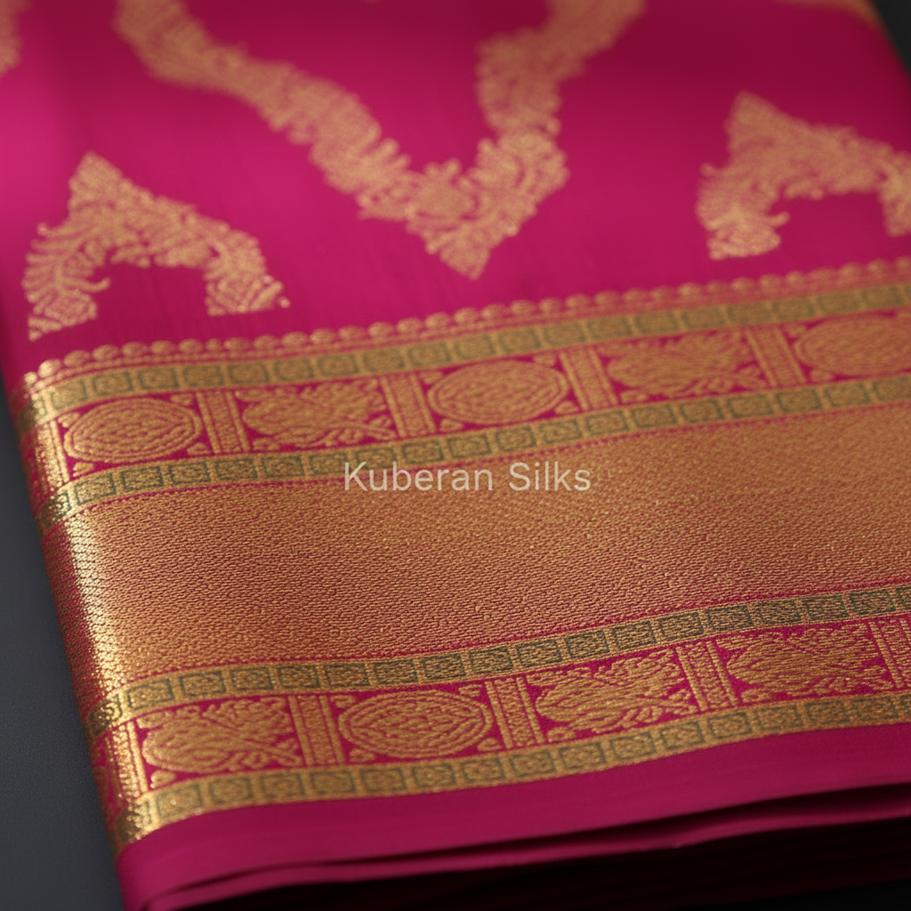 Kuberan Pink Kanchipuram Silk Saree with Gold Zari Border