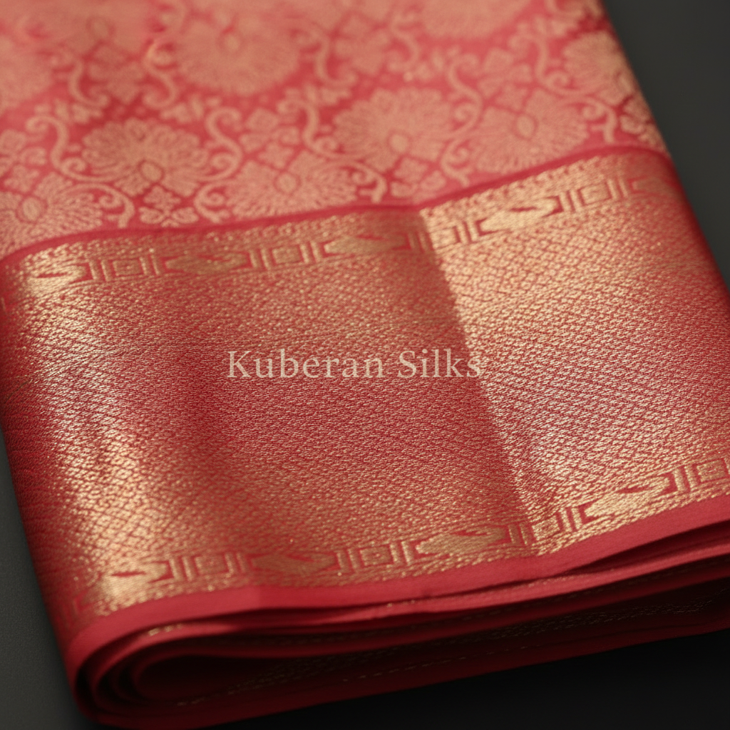 Kuberan Coral Red Kanchipuram Silk Saree