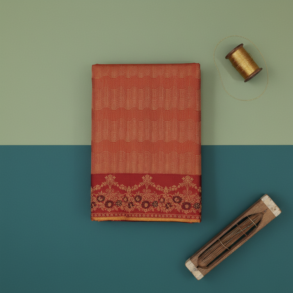 kuberan Terracotta Kanchipuram Silk Saree with Gold Zari Wave Weave & Maroon Floral Vine Border