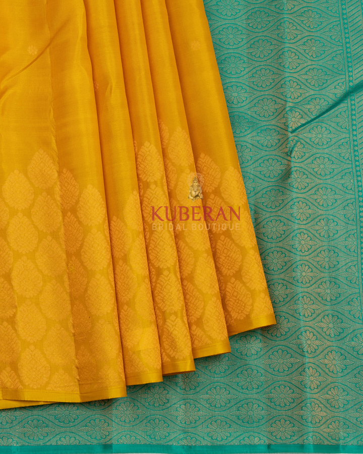 Kuberan Yellow With Sky Blue Kanchivaram Silk Saree
