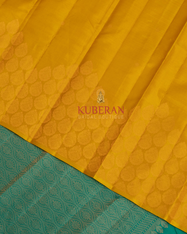 Kuberan Yellow With Sky Blue Kanchivaram Silk Saree