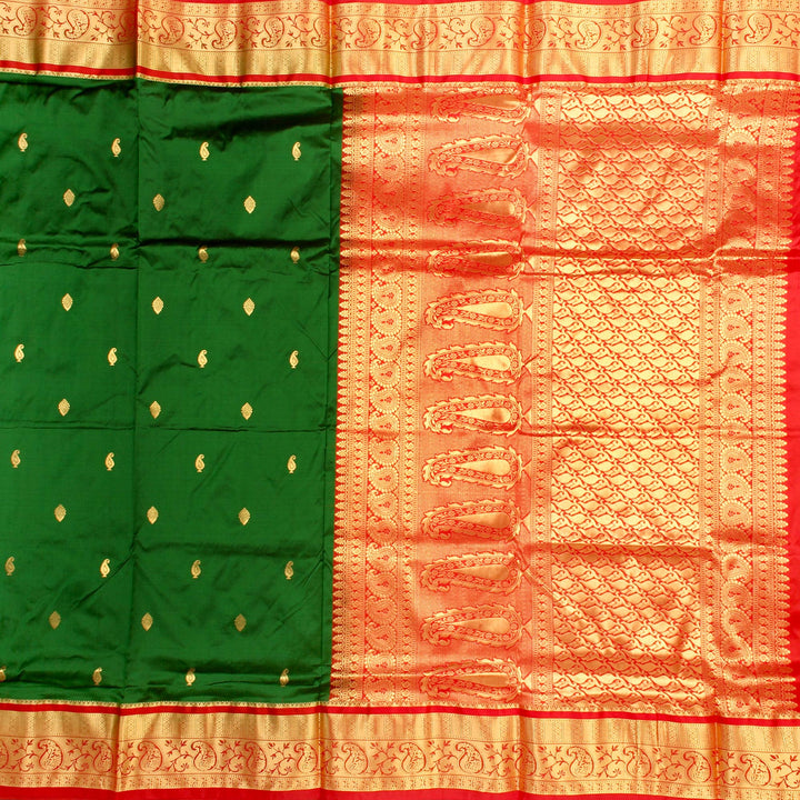 Dark Green Red 9 Yards Silk Saree