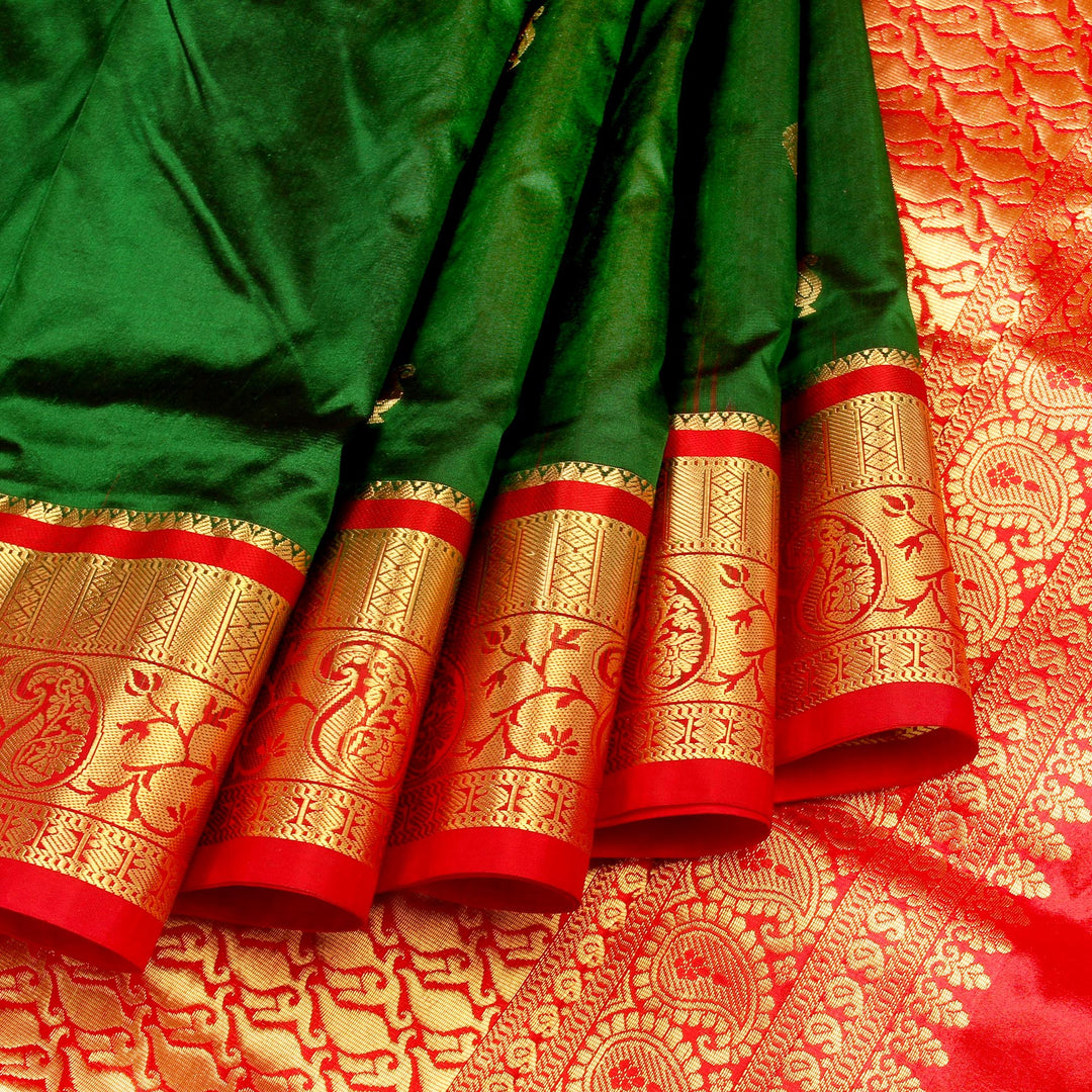 Dark Green Red 9 Yards Silk Saree