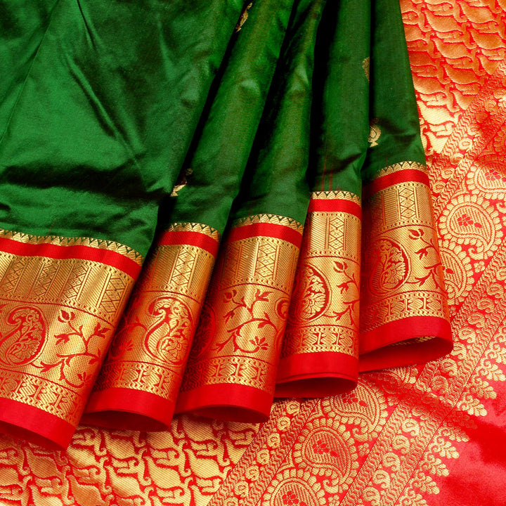 Dark Green Red 9 Yards Silk Saree