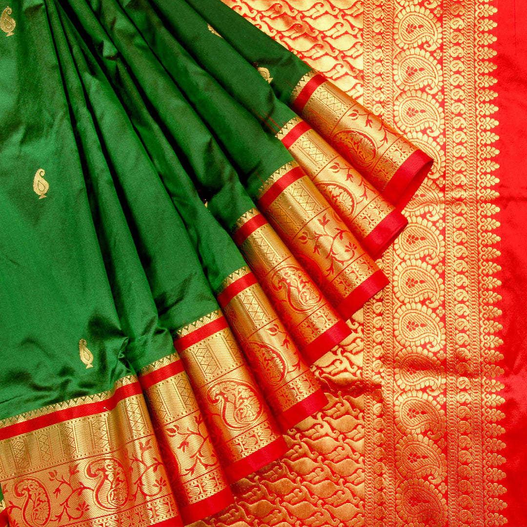 Dark Green Red 9 Yards Silk Saree