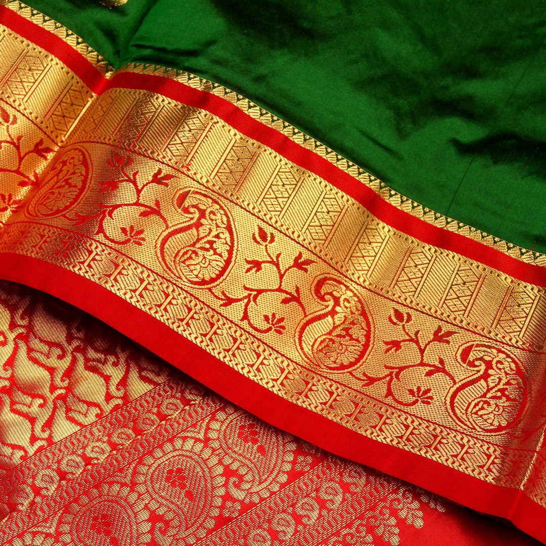 Dark Green Red 9 Yards Silk Saree
