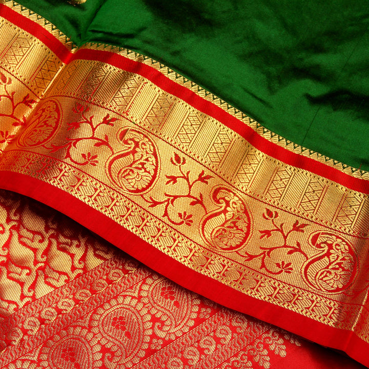 Dark Green Red 9 Yards Silk Saree