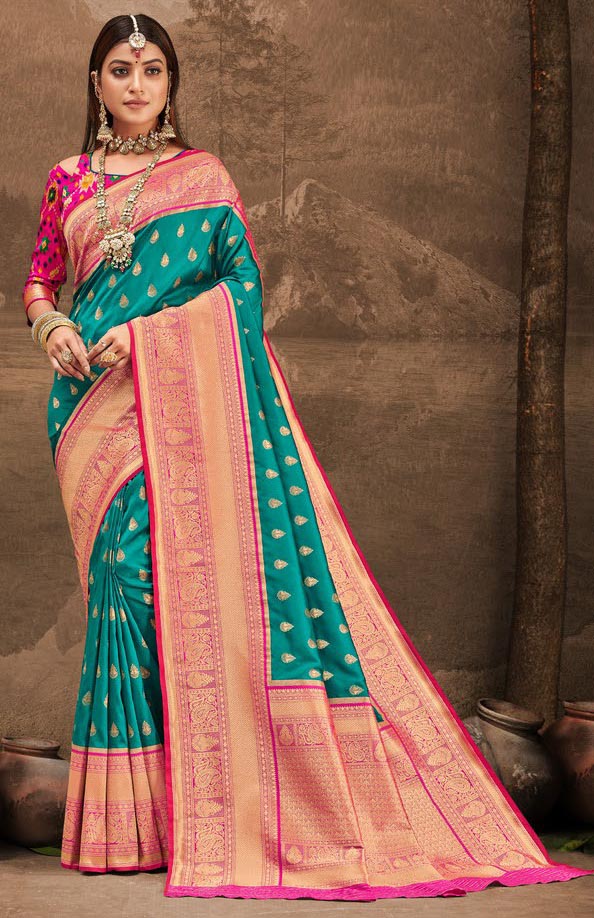 Kuberan Rama Green With Pink Border Banarasi Saree