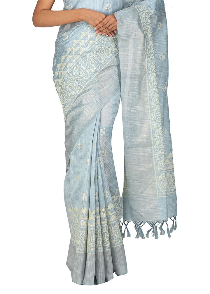 Kuberan Mist Grey Linen Saree