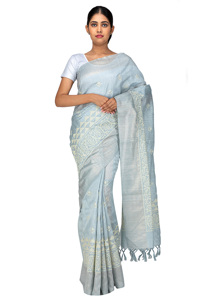 Kuberan Mist Grey Linen Saree