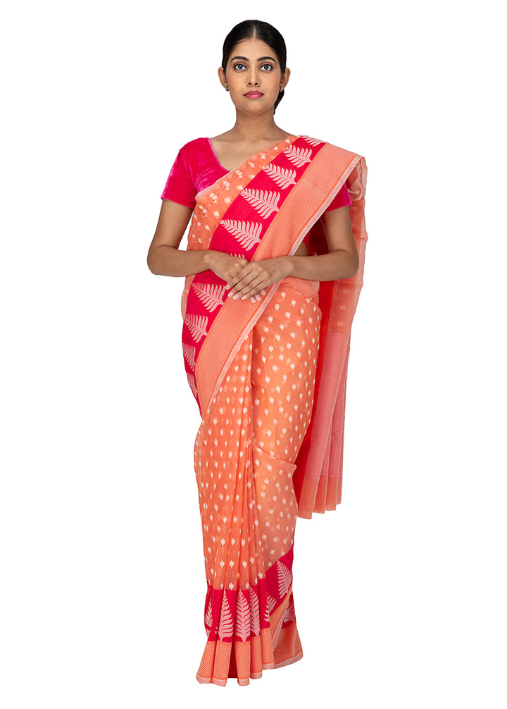 Kuberan Peach Kora Gold Cotton Saree