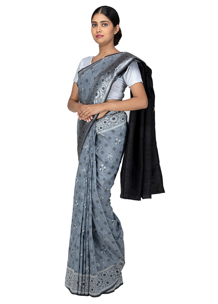 Kuberan Dark Grey Kora Cotton Saree