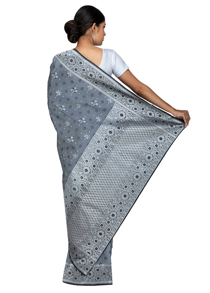 Kuberan Dark Grey Kora Cotton Saree