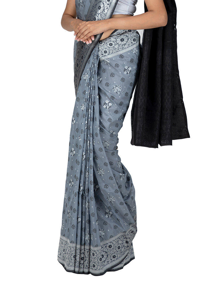 Kuberan Dark Grey Kora Cotton Saree