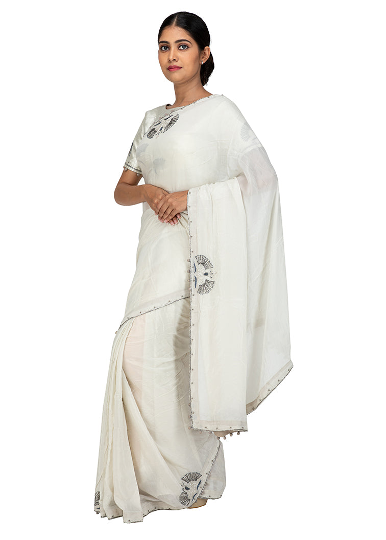 Kuberan Off White Chiffon Saree