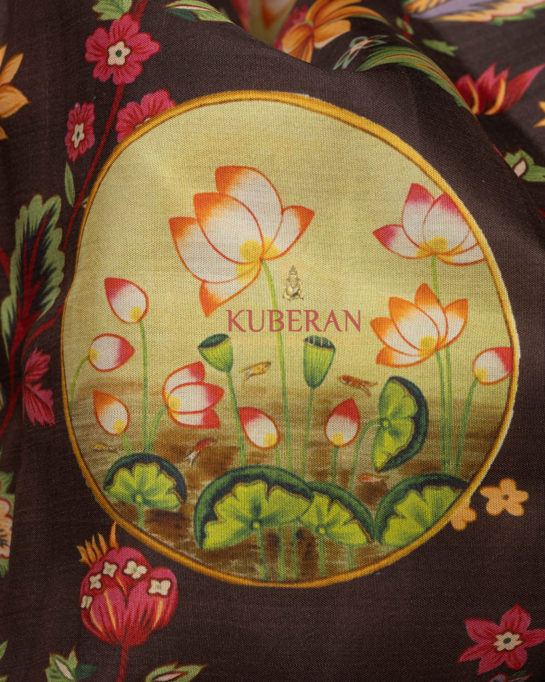 Kuberan Brown Kalamkari Prints Kanchipuram Silk Saree