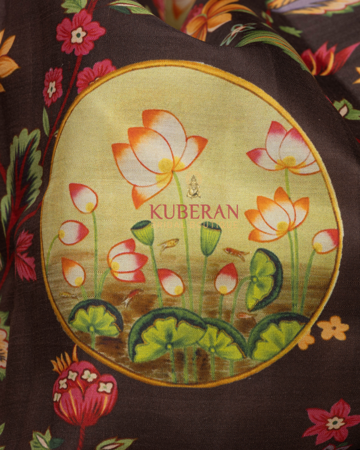 Kuberan Brown Kalamkari Prints Kanchipuram Silk Saree