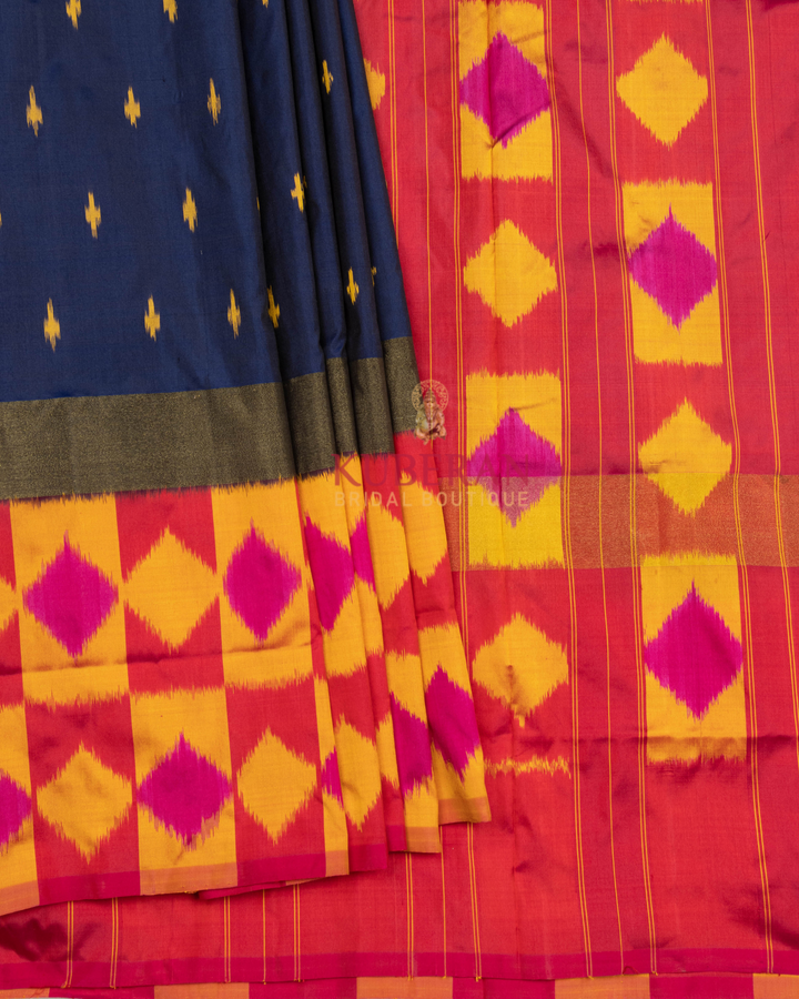 Kuberan Pochampally Navy Blue With Pink Border Silk Sarees