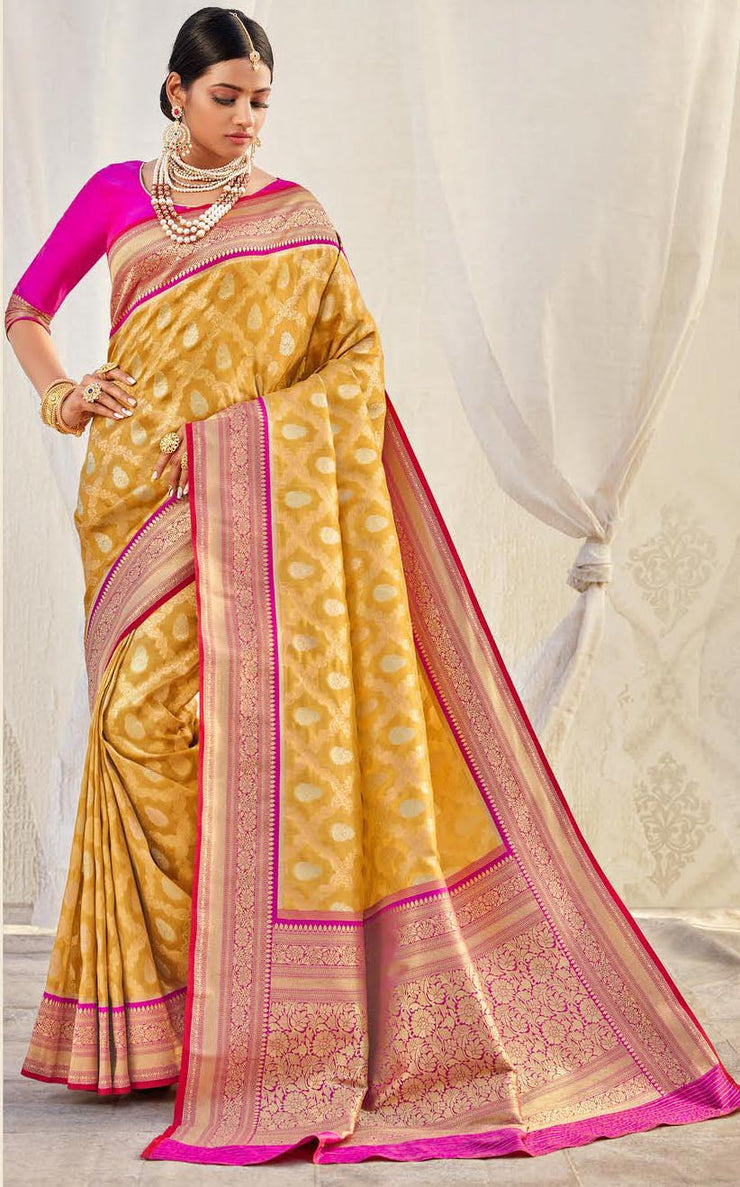 Kuberan Yellow With Pink Border Banarasi Saree