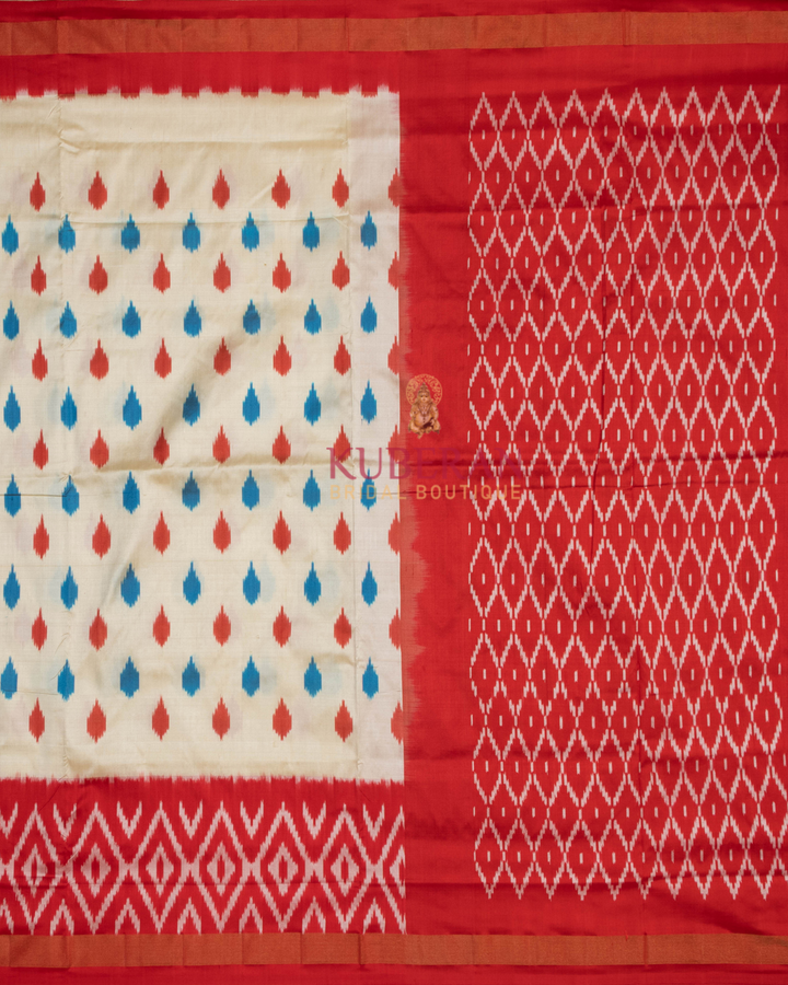 Kuberan Pochampally Ikat White With Pink Border Silk Sarees