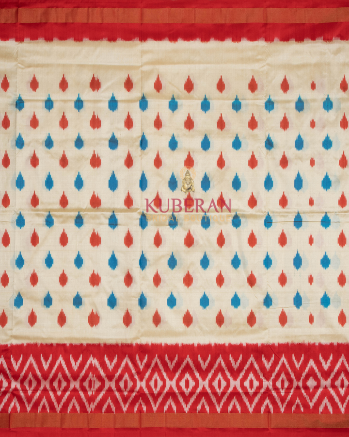 Kuberan Pochampally Ikat White With Pink Border Silk Sarees