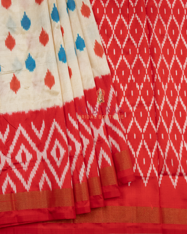 Kuberan Pochampally Ikat White With Pink Border Silk Sarees