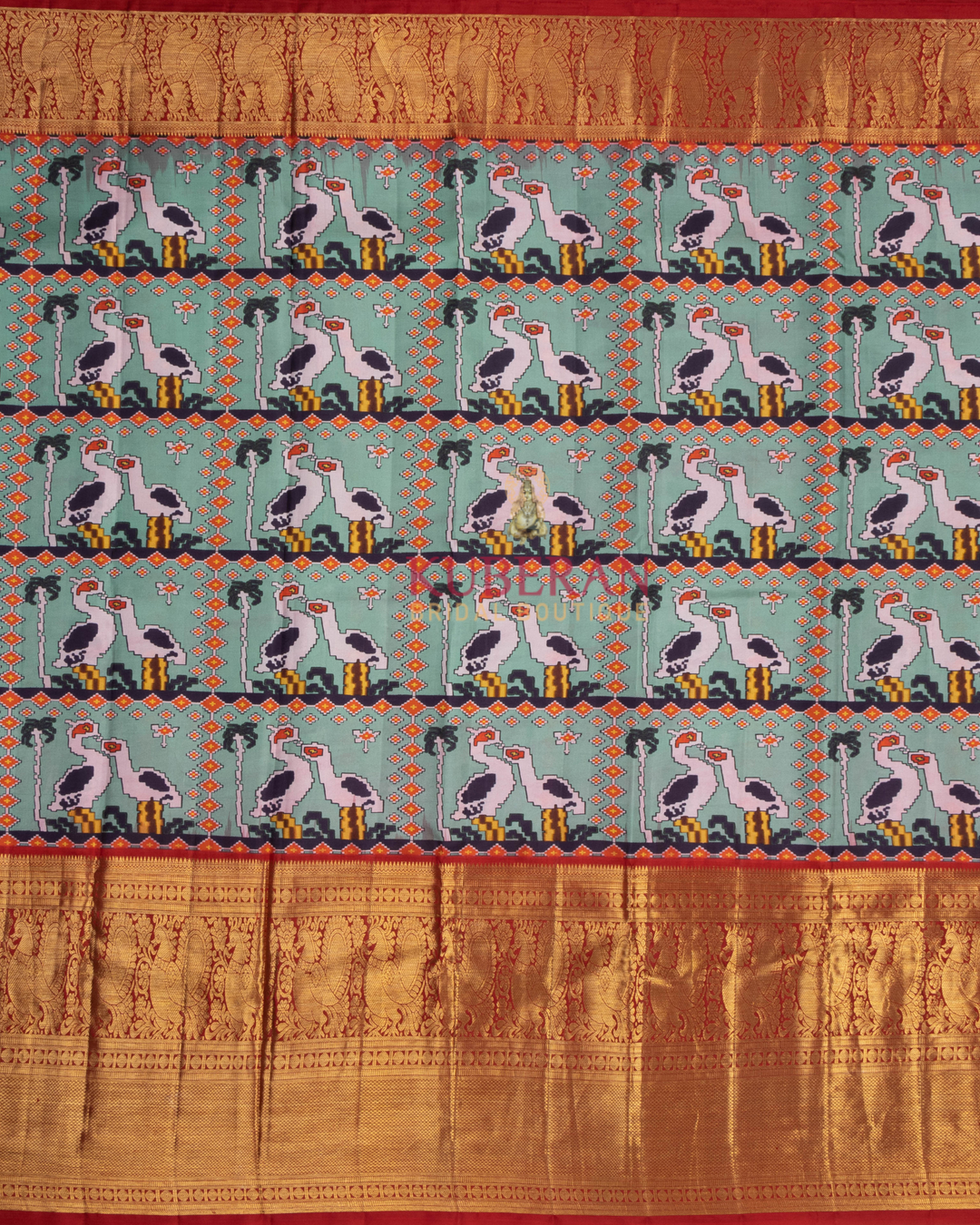 Kuberan Pochampally Ikat  Blue With Maroon Big Border Silk Sarees