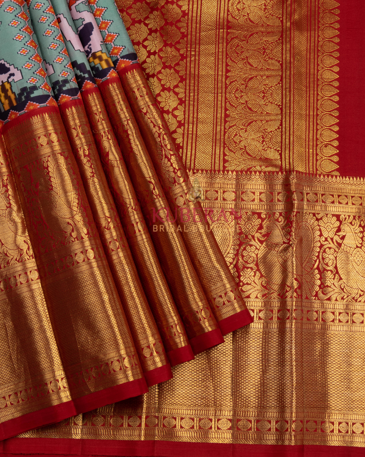 Kuberan Pochampally Ikat  Blue With Maroon Big Border Silk Sarees