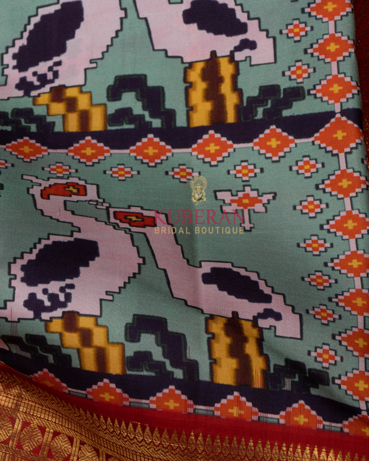 Kuberan Pochampally Ikat  Blue With Maroon Big Border Silk Sarees