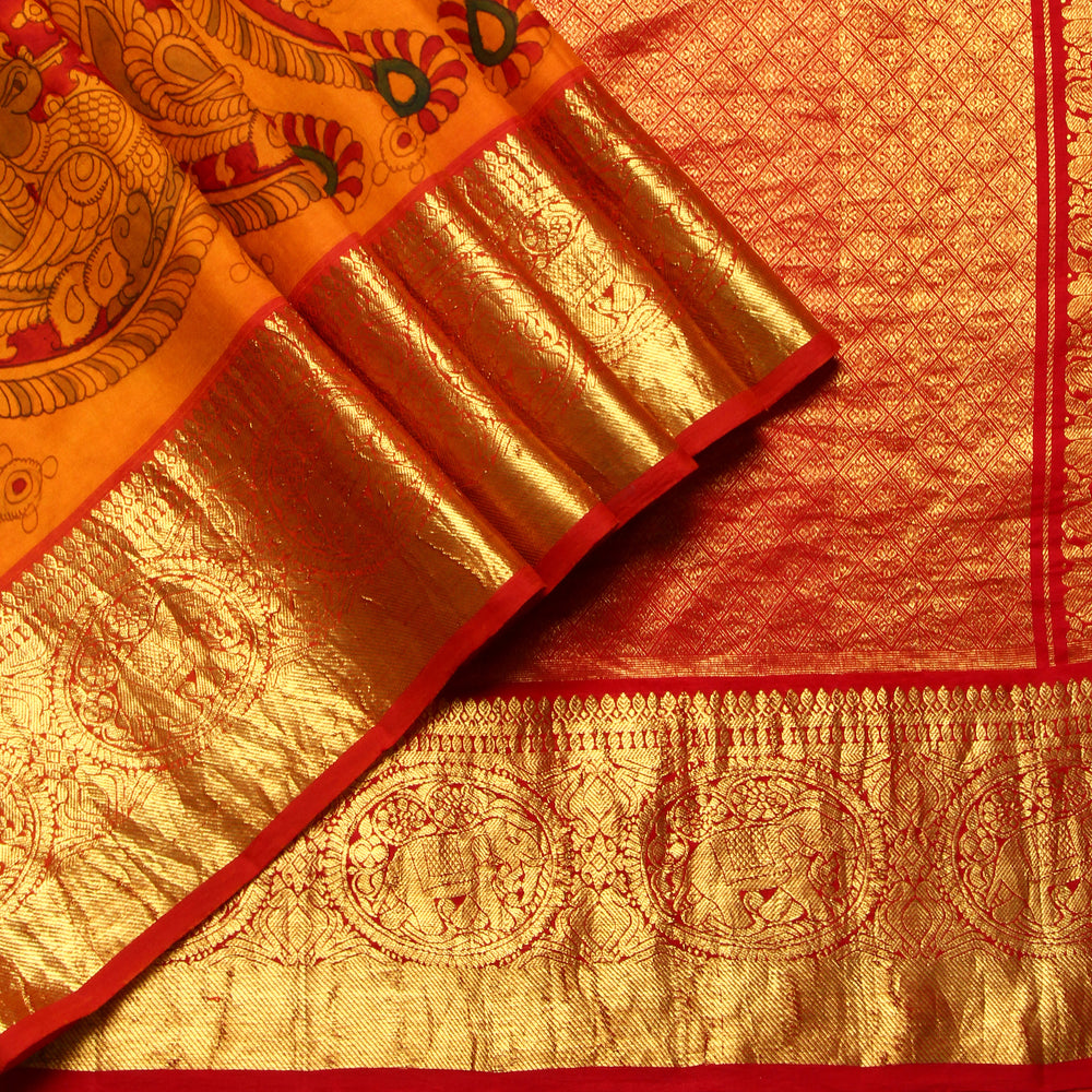 Mustard Kalamkari Prints Kanchipuram Silk Saree