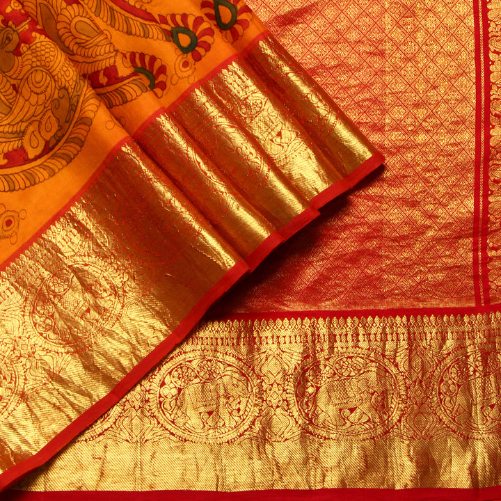 Mustard Kalamkari Prints Kanchipuram Silk Saree