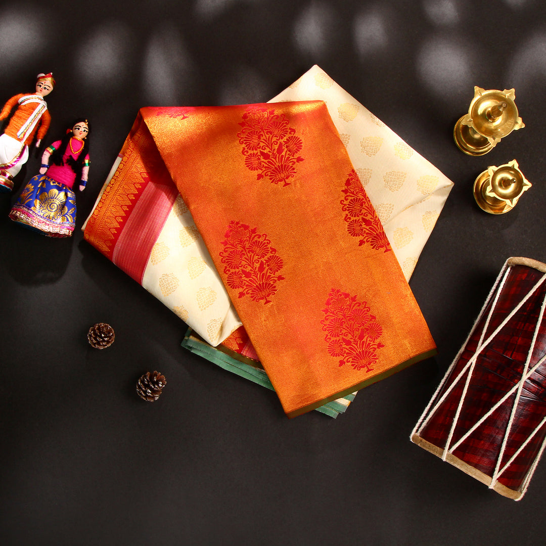 Cream Red Kanchivaram Silk Saree 