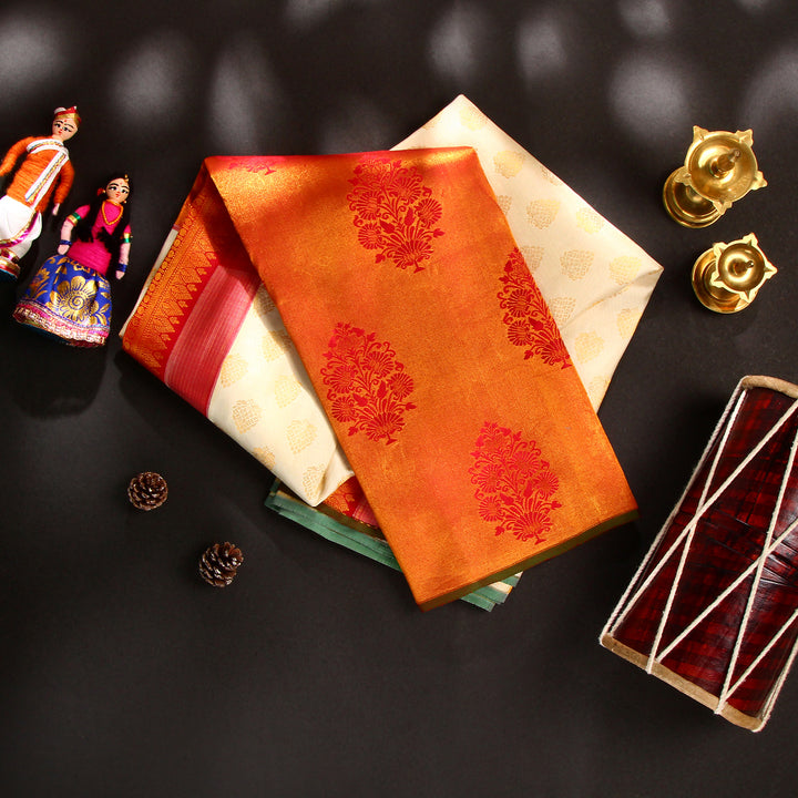 Cream Red Kanchivaram Silk Saree 