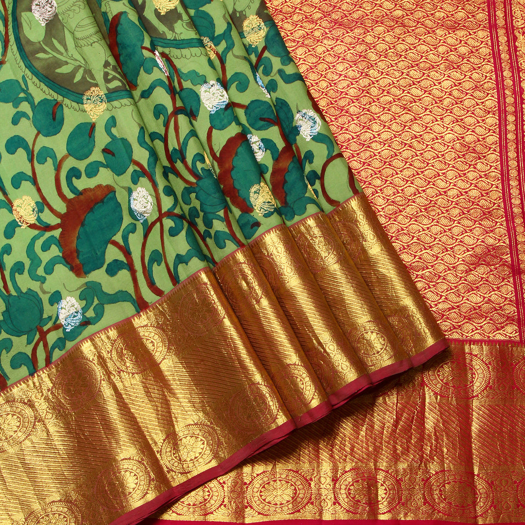Kuberan Light Green Kalamkari Kanchipuram Silk Saree